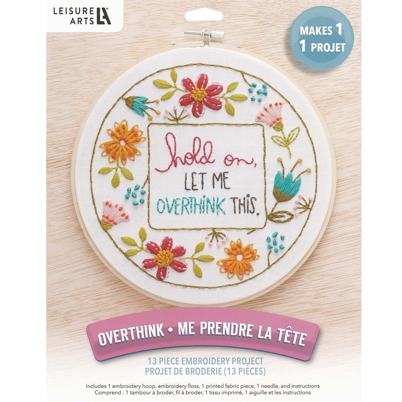 Leisure Arts Embroidery Kit 8" Hoop Overthink - Embroidery Kit for Beginners and Adults, Cross Stitch Kits with Patterns, DIY Starter Set for Seasonal Craft Projects